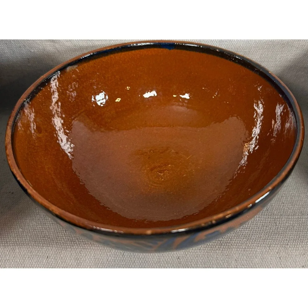 Vintage Handmade Mexican Tonala Pottery Nesting Bowls Set of 3 Terracotta Blue
